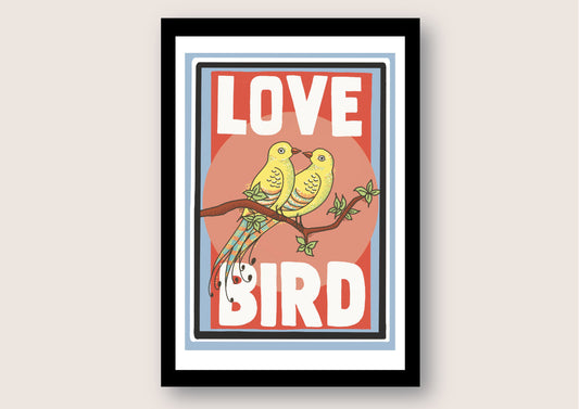 Colourful vintage style Love bird art print, Inspired by vintage matchbox labels