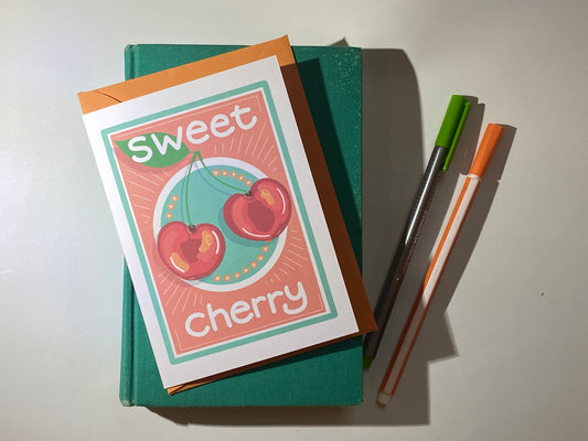 Sweet Cherry greeting card, vintage label style illustration, Send Sweetness!