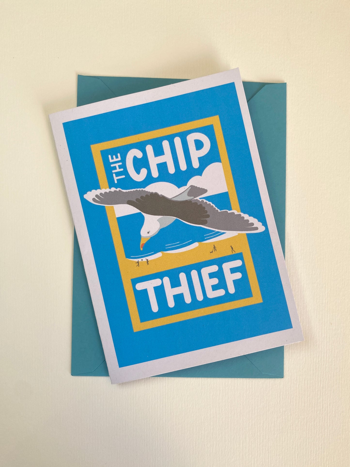 The Chip Thief Seagull greeting card, Cheeky seaside theme!