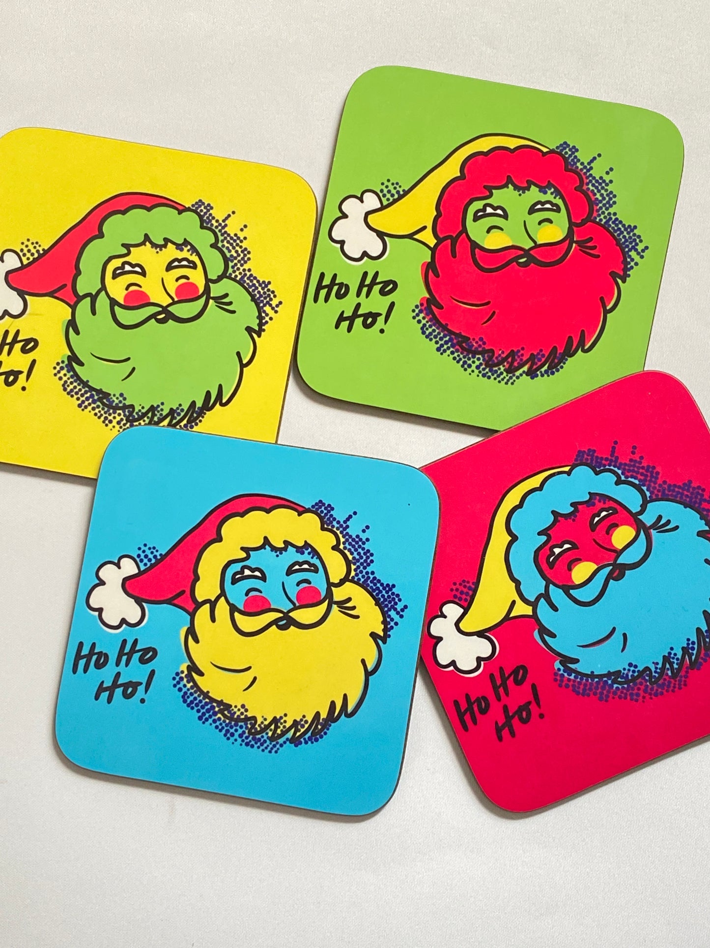 Set of 4 Pop art Santa Coasters, Merry and  Bright Christmas decor, Christmas coasters