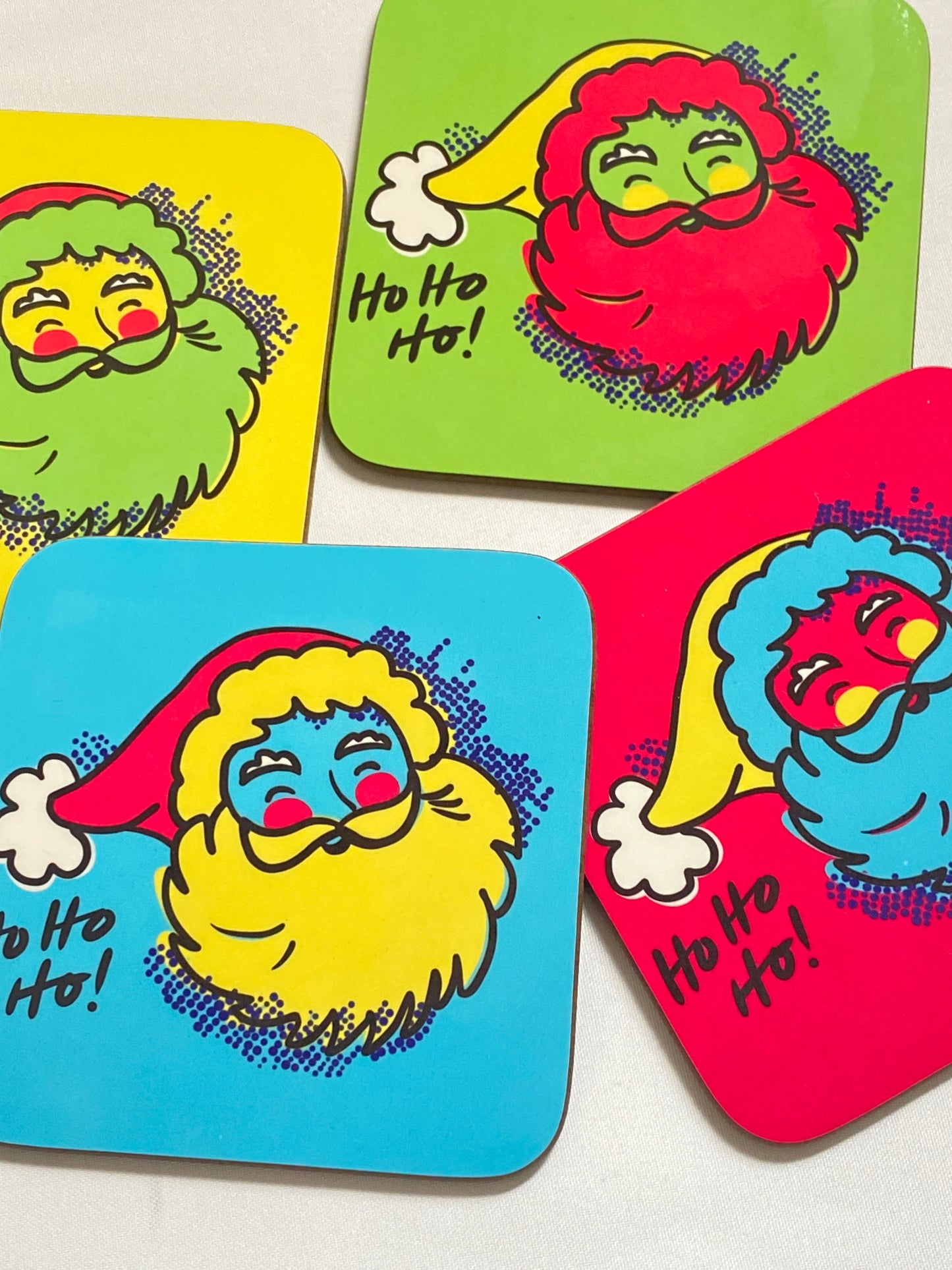 Set of 4 Pop art Santa Coasters, Merry and  Bright Christmas decor, Christmas coasters