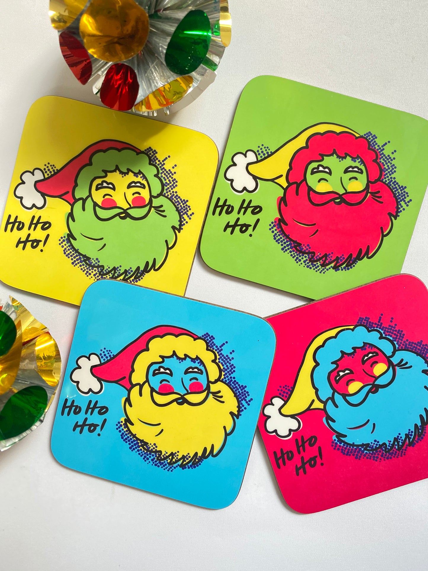 Set of 4 Pop art Santa Coasters, Merry and  Bright Christmas decor, Christmas coasters