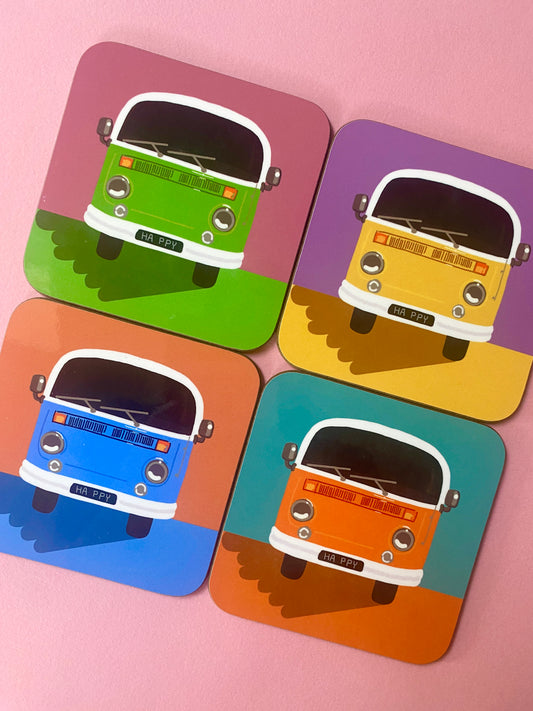 Set of 4 Colourful Campervan Coasters, colourful coasters, Retro Campervan, Campervan gifts, Vintage Inspired Art