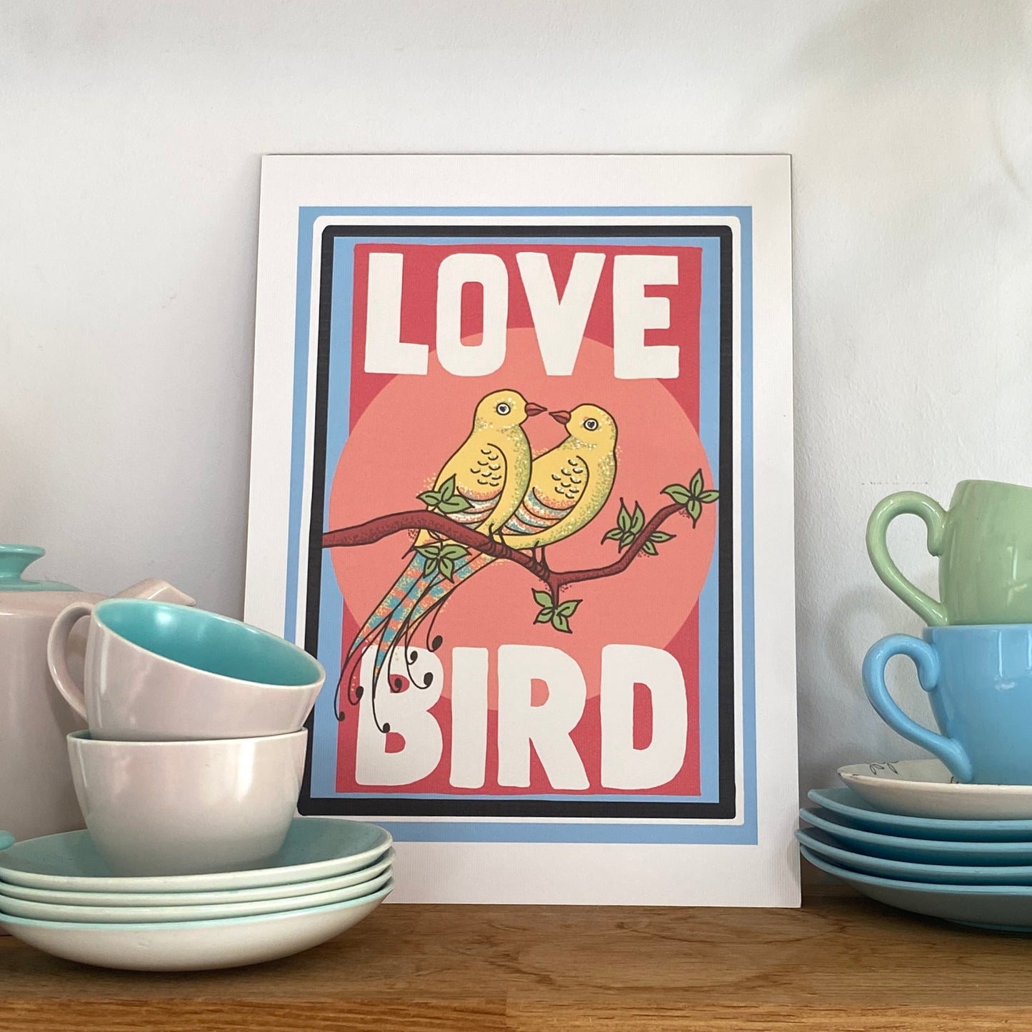 Colourful Love bird art print, Inspired by vintage matchbox labels, A4 size