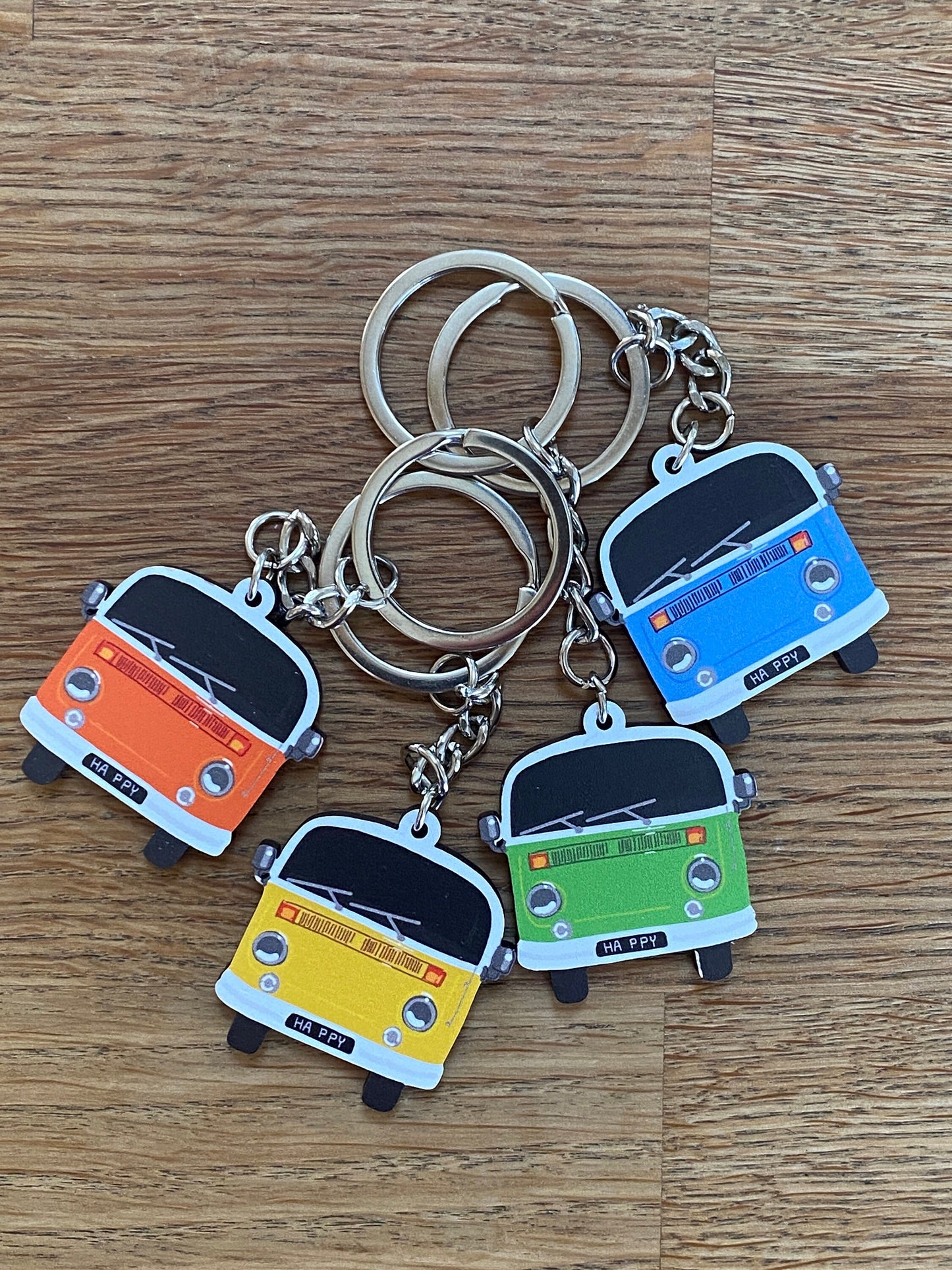 Brightly coloured Campervan keyrings, Retro Campervan gifts, choose from 4 colours