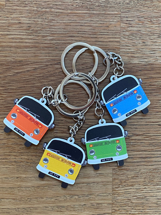 Brightly coloured Campervan keyrings, Retro Campervan gifts, choose from 4 colours