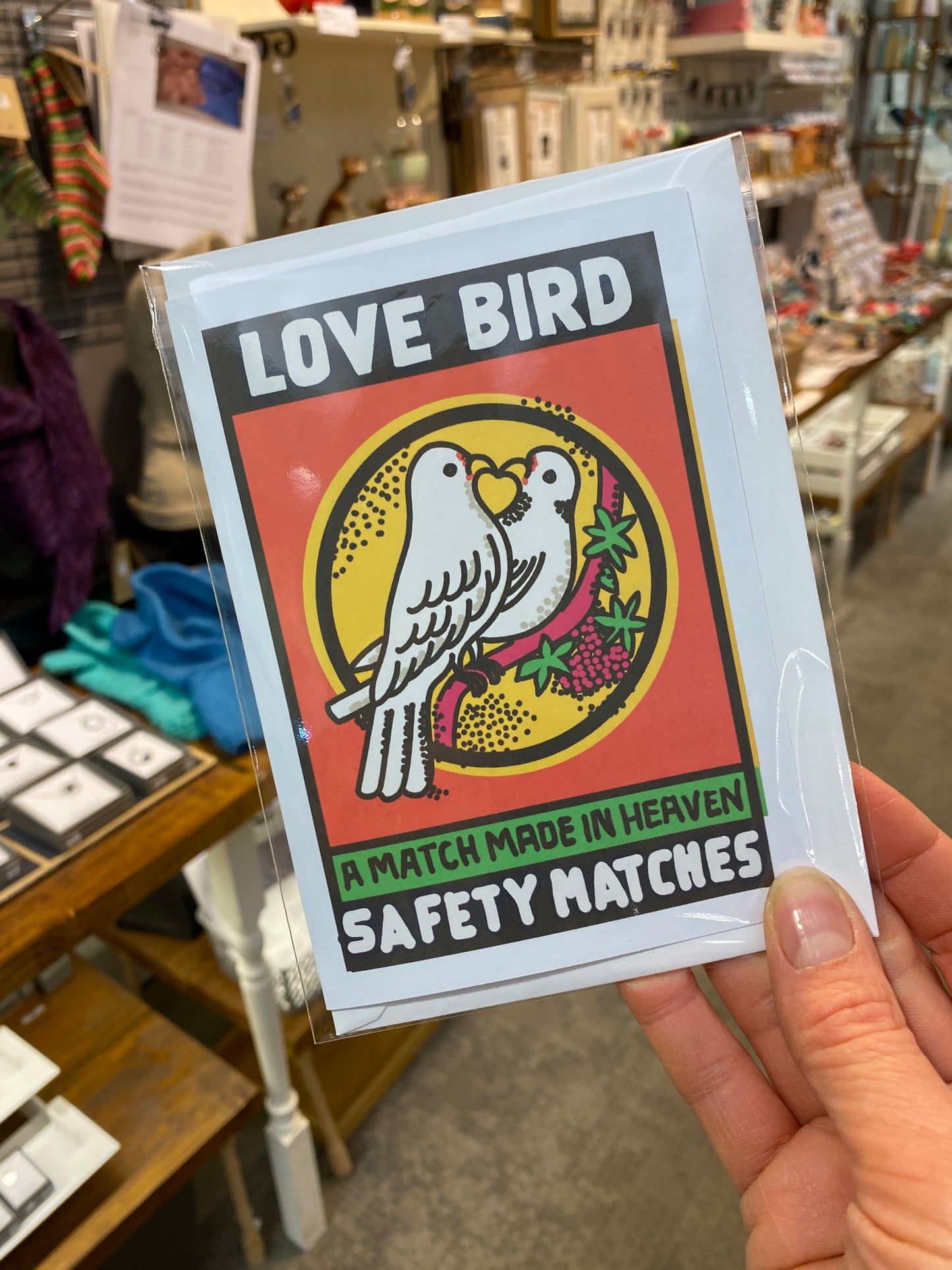 Matchbox label Greeting Card, Love Bird Matches, Quirky fun card