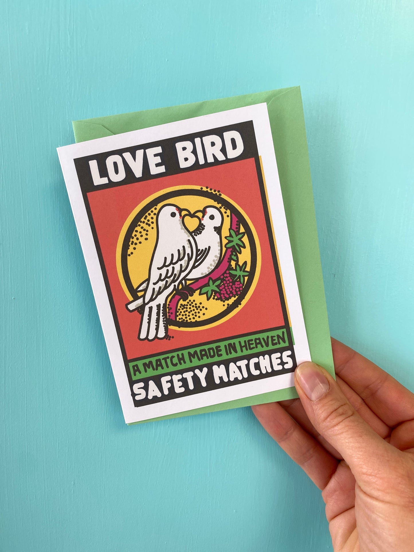 Matchbox label Greeting Card, Love Bird Matches, Quirky fun card