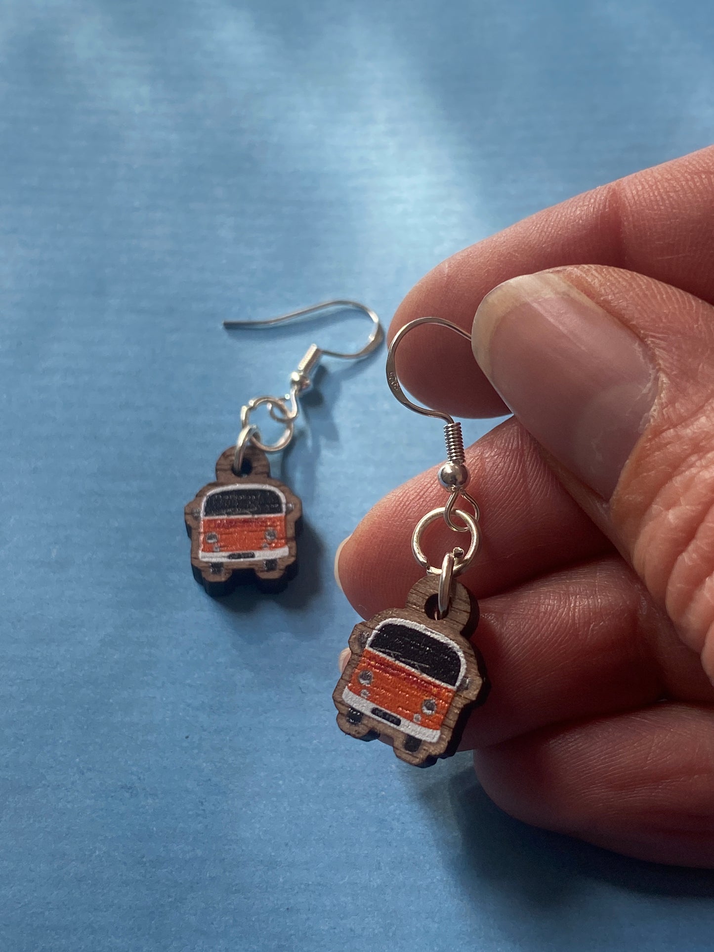 Novelty Campervan Earrings, made from sustainably sourced wood and 925 Sterling Silver findings