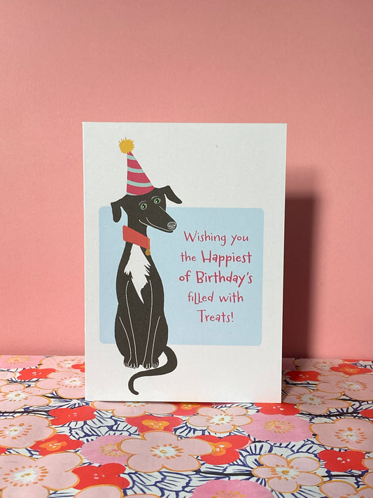 Cute Greyhound Birthday card featuring a Black Greyhound in a Party hat