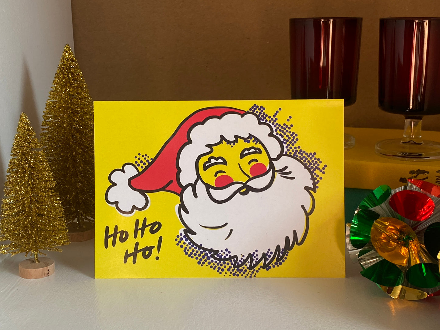 Yellow Pop Art Santa Christmas card, Vintage Inspired, Bright Fun card