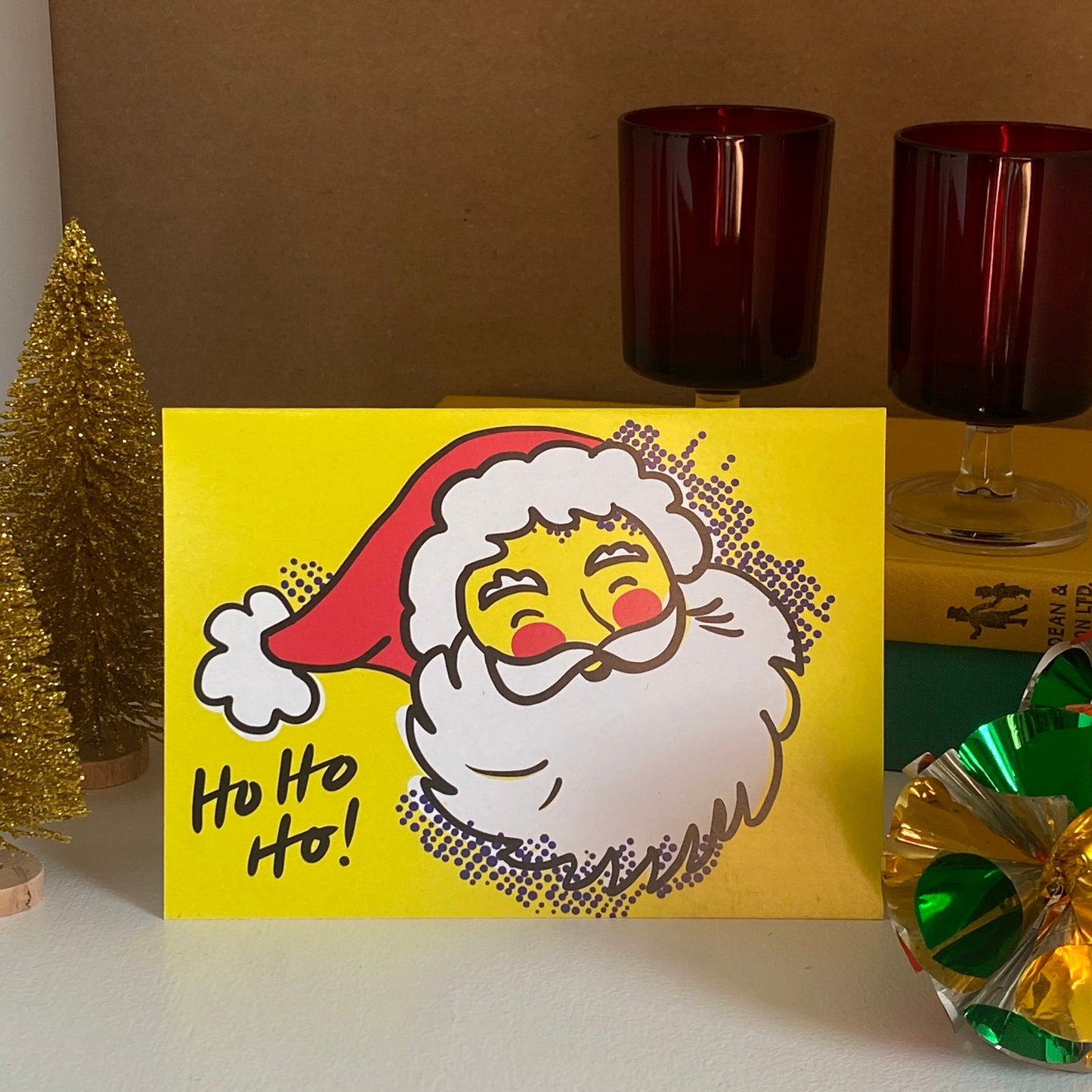 Yellow Pop Art Santa Christmas card, Vintage Inspired, Bright Fun card