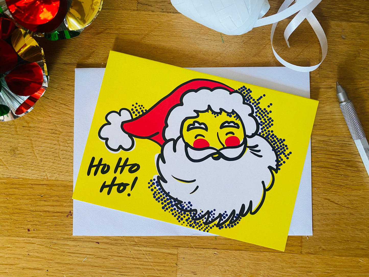 Yellow Pop Art Santa Christmas card, Vintage Inspired, Bright Fun card