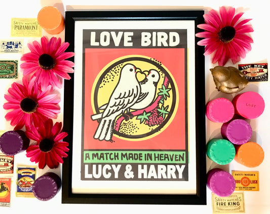 Personalised Lovebirds art Print, Personalised with the Couples Names, Personalised Wedding Gift
