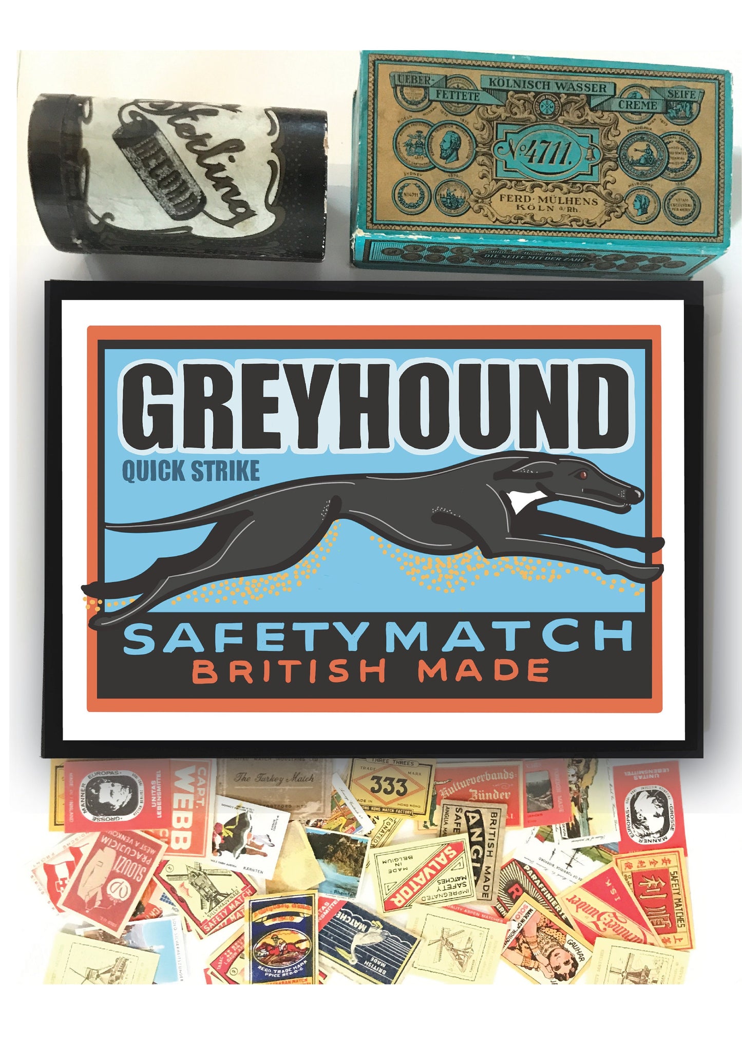 Greyhound Art Print, Greyhound gift, Vintage Inspired matchbox art, A4 Size