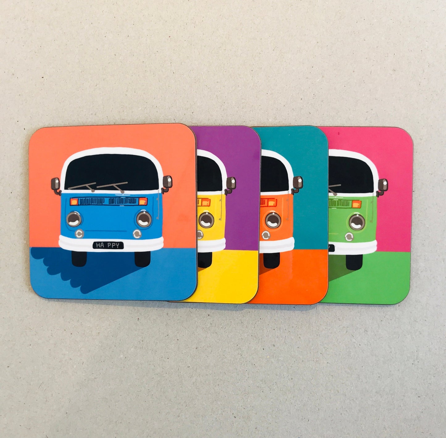 Set of 4 Colourful Campervan Coasters, colourful coasters, Retro Campervan, Campervan gifts, Vintage Inspired Art