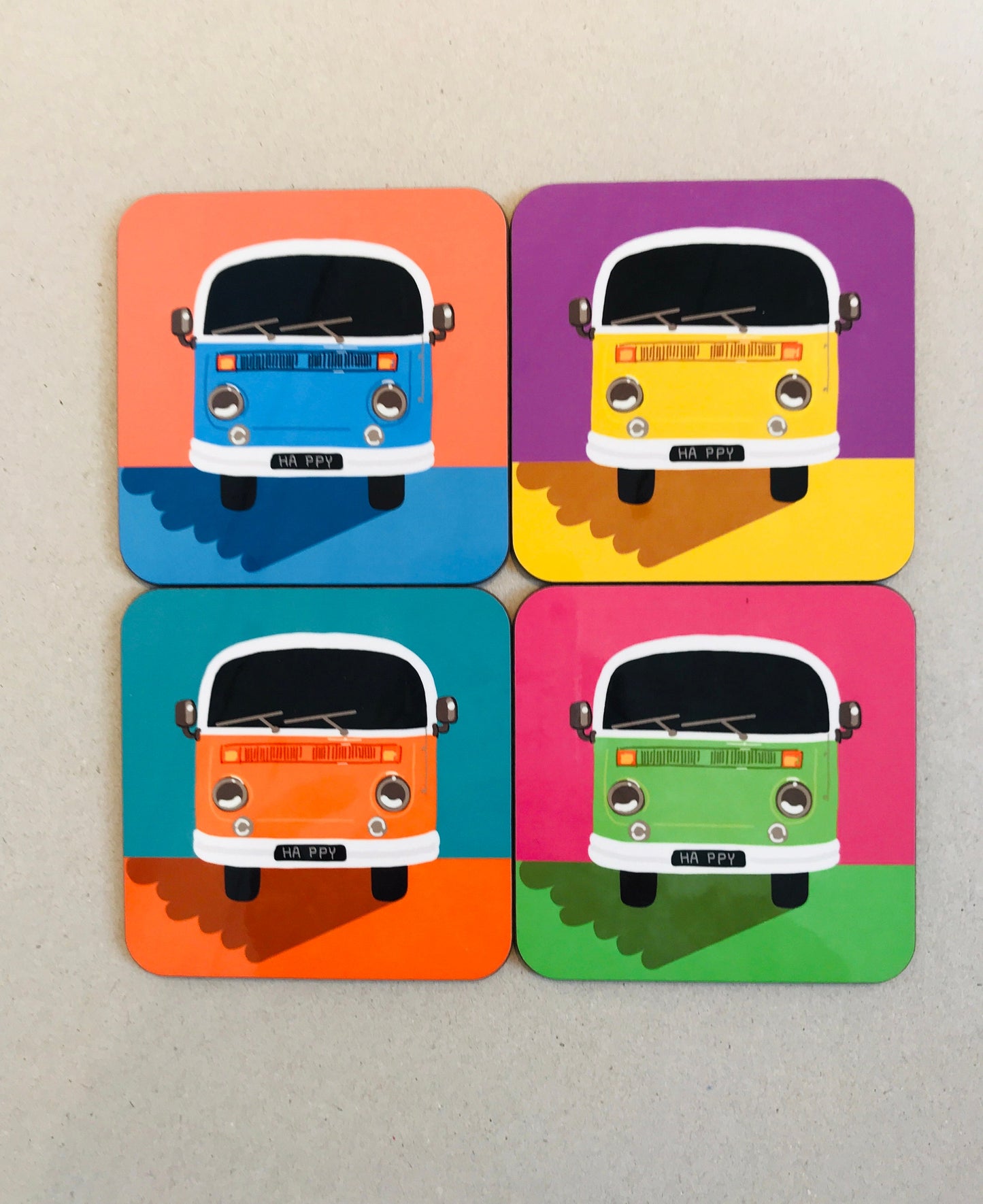 Set of 4 Colourful Campervan Coasters, colourful coasters, Retro Campervan, Campervan gifts, Vintage Inspired Art