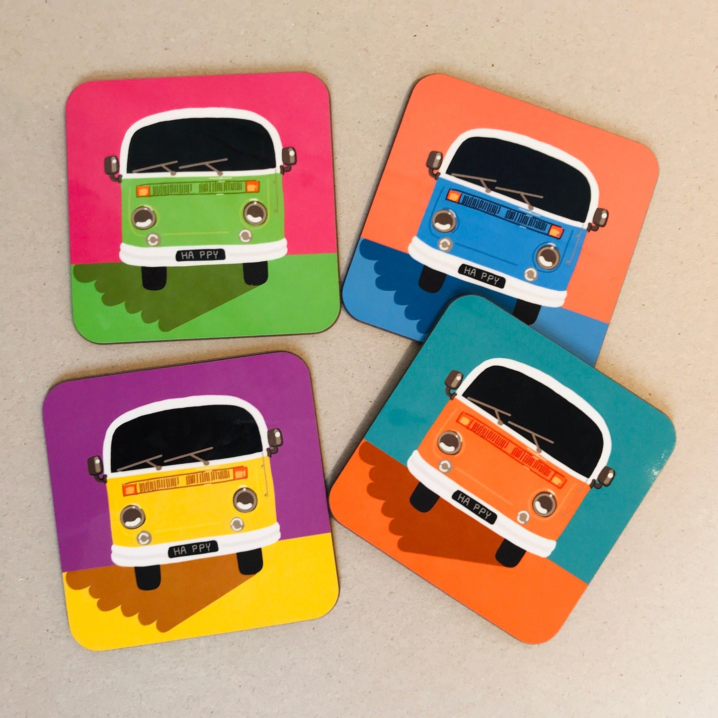 Set of 4 Colourful Campervan Coasters, colourful coasters, Retro Campervan, Campervan gifts, Vintage Inspired Art