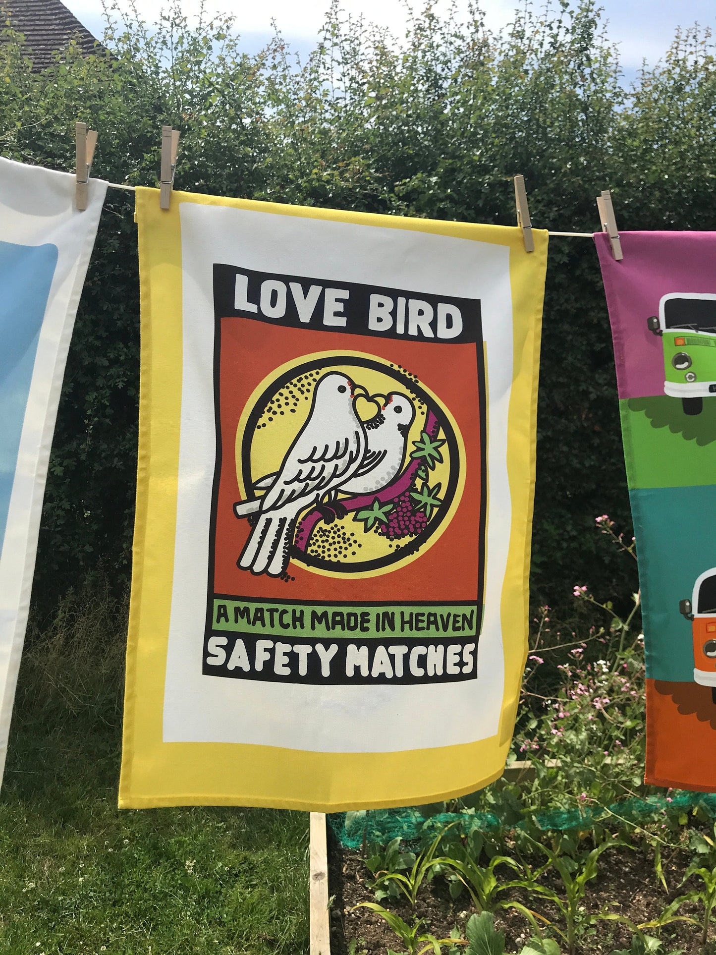 Love Birds Tea Towel, 100% Cotton, Designed and Printed in the UK, Matchbox label inspired