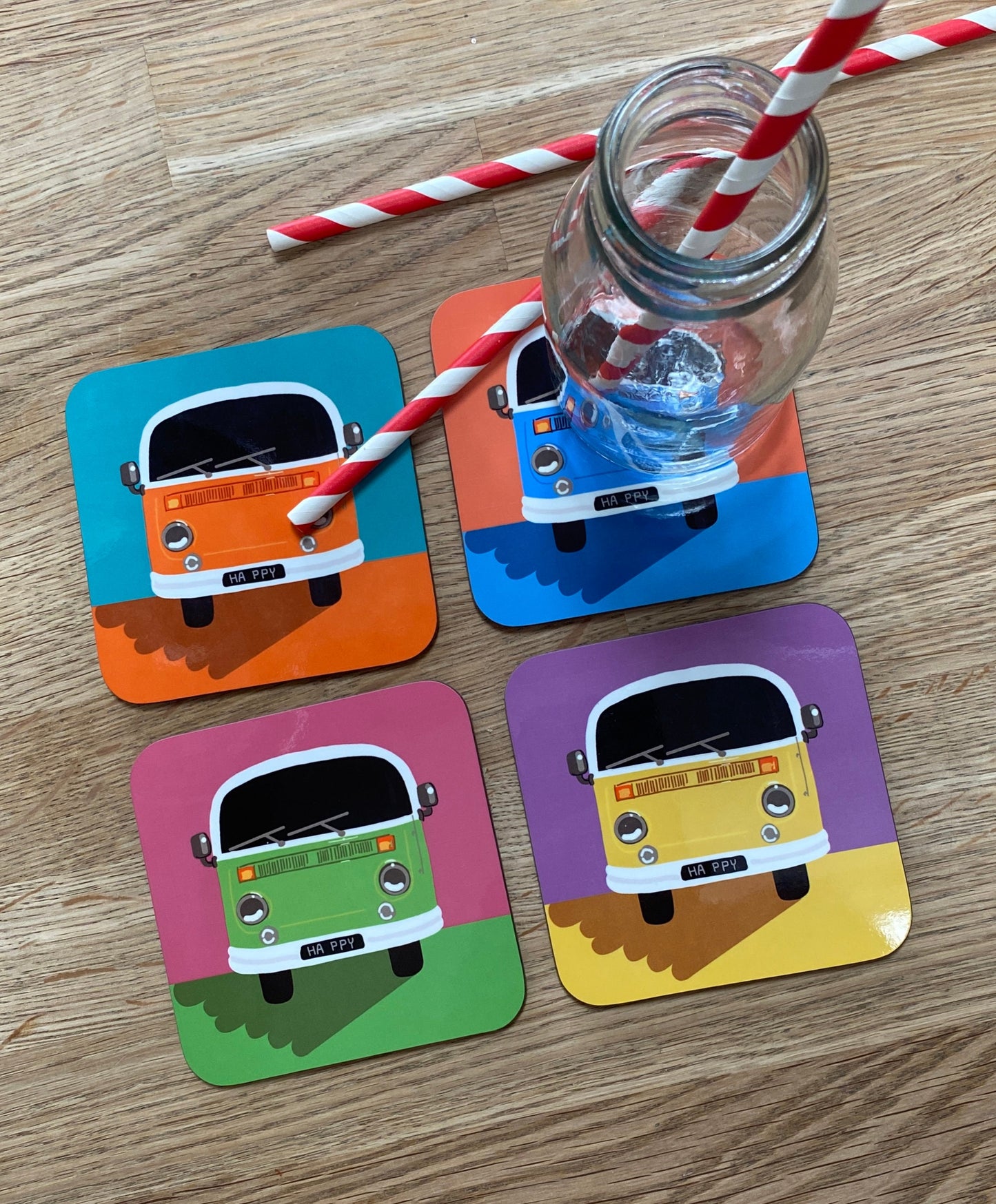 Set of 4 Colourful Campervan Coasters, colourful coasters, Retro Campervan, Campervan gifts, Vintage Inspired Art