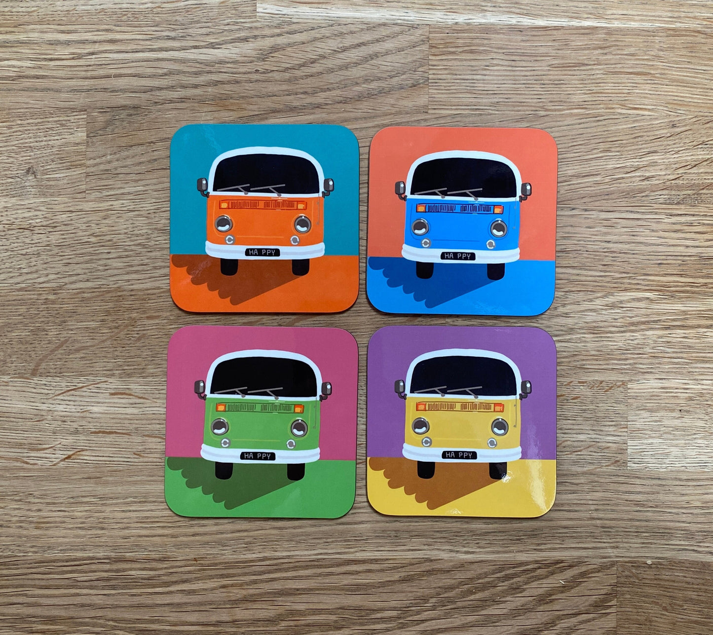 Set of 4 Colourful Campervan Coasters, colourful coasters, Retro Campervan, Campervan gifts, Vintage Inspired Art