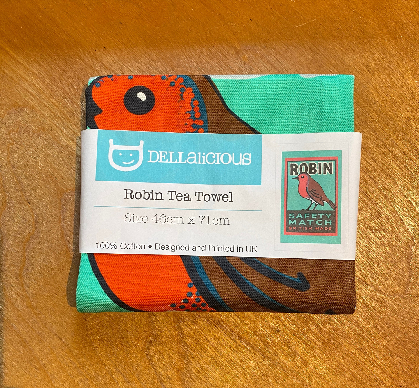 100% Cotton Robin Tea Towel, Matchbox label art, Designed and Printed in the UK