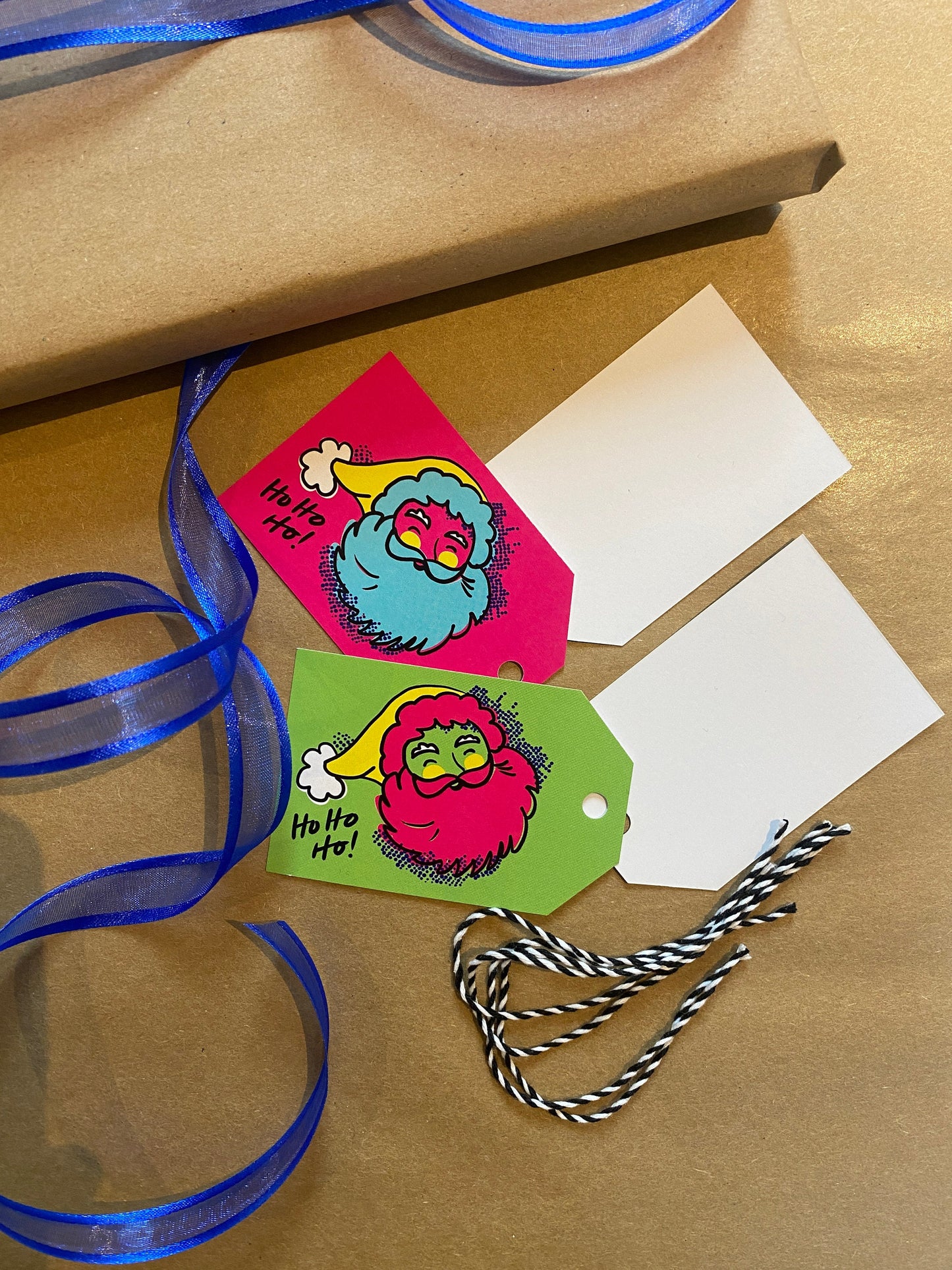 Pack of 4 Santa Christmas Gift Tags, Bright and colourful Christmas cards. Pop art Santa.