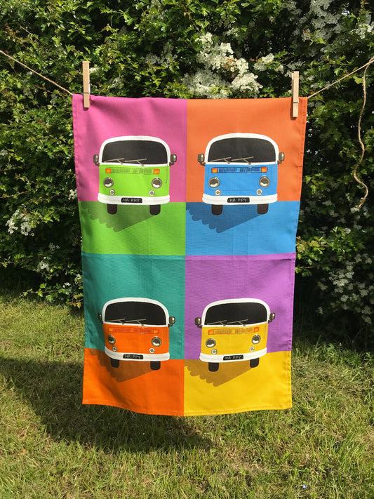 Colourful Campervan Tea Towel, 100% Cotton, Designed and Printed in the UK