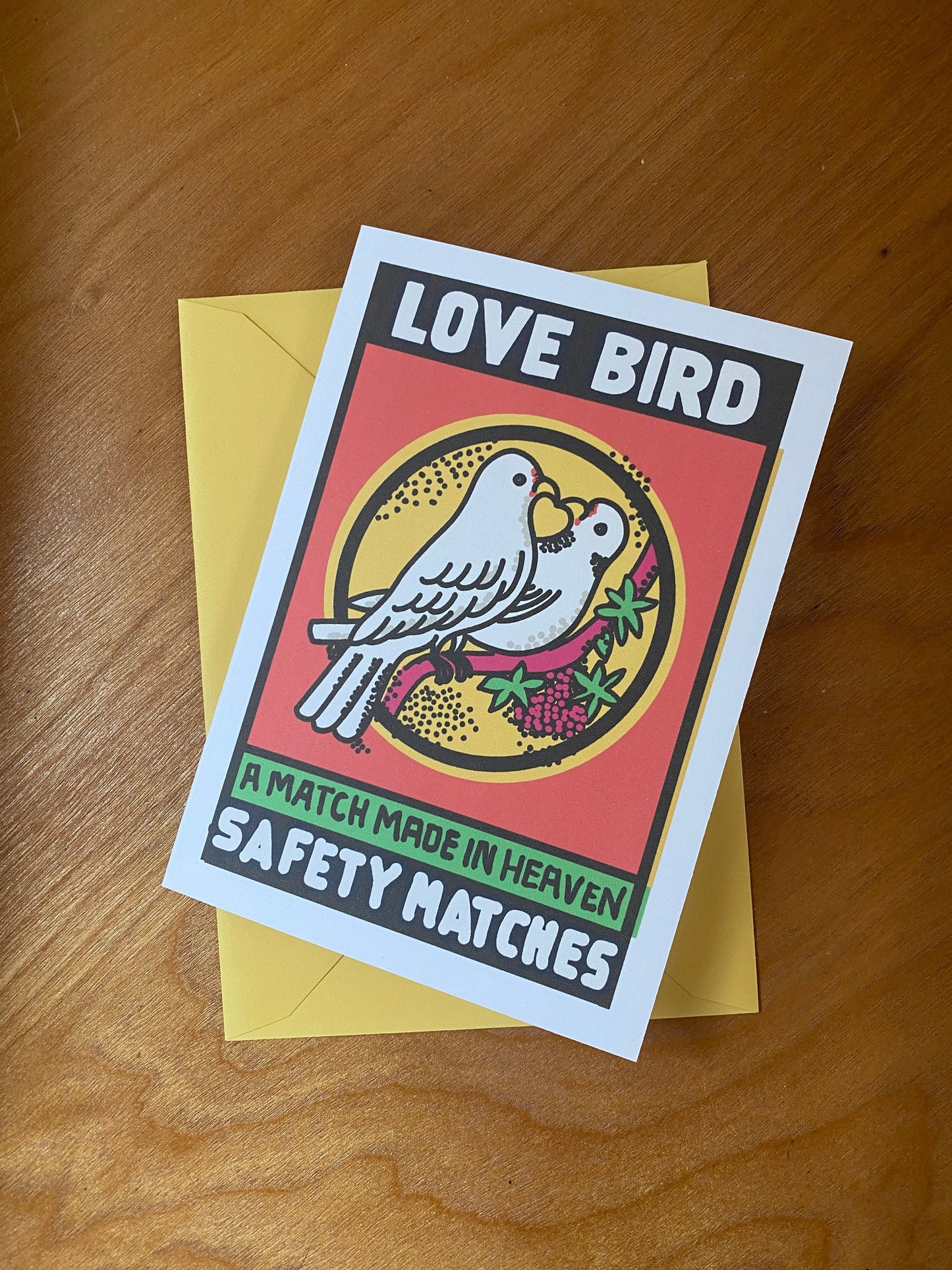 Matchbox label Greeting Card, Love Bird Matches, Quirky fun card