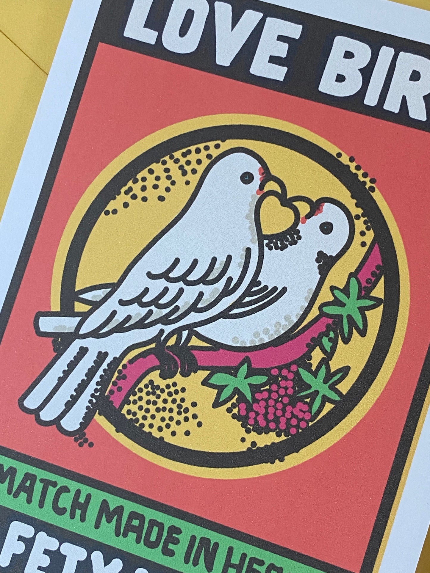 Matchbox label Greeting Card, Love Bird Matches, Quirky fun card